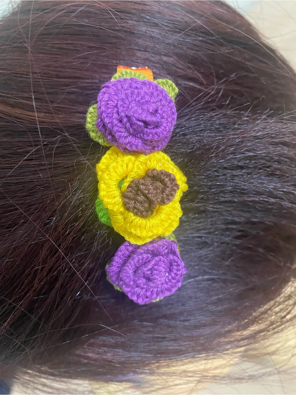 Handmade Crochet Flower Hair Clip - Purple & Yellow